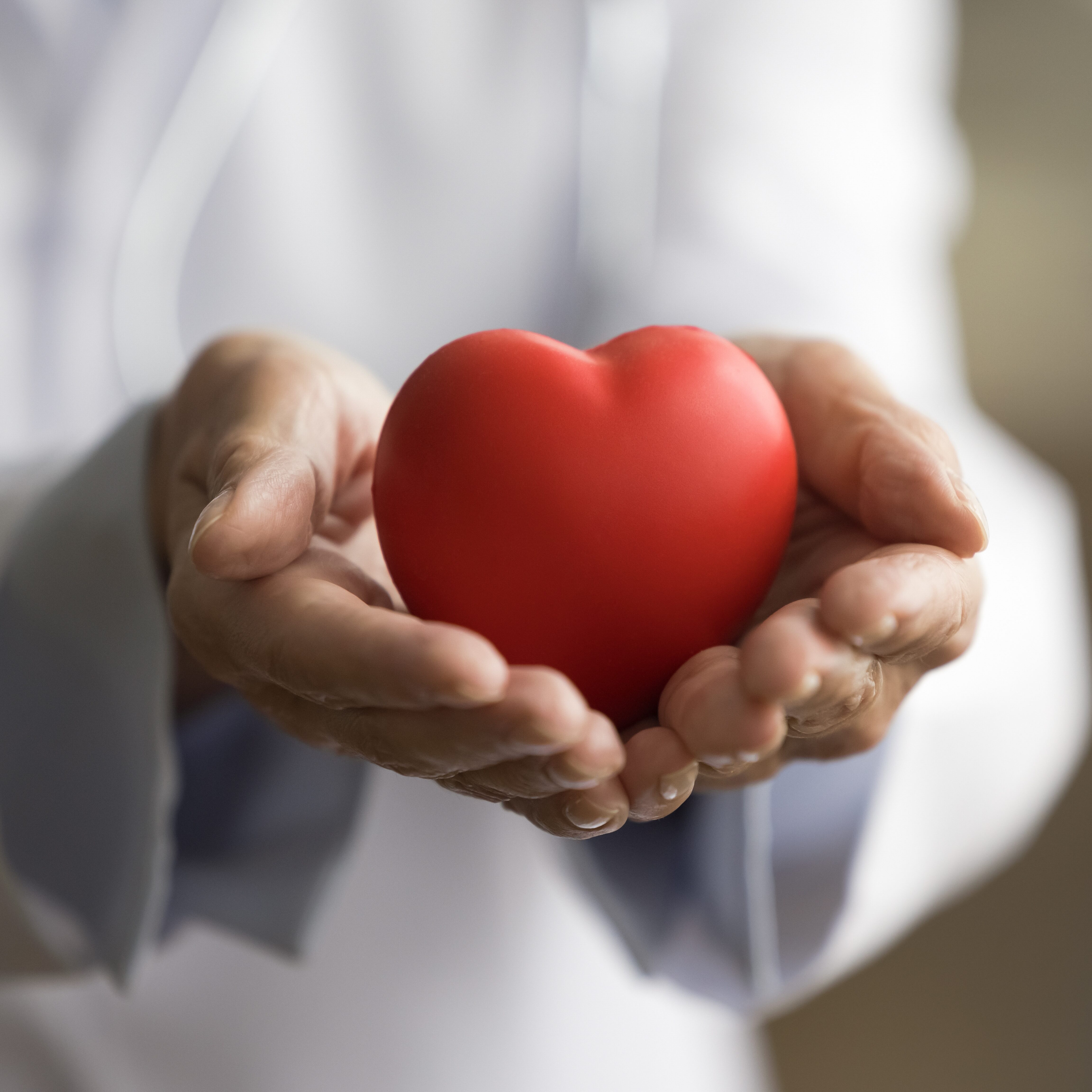 Closeup of female doctor gently holding a red heart toy in both hands.